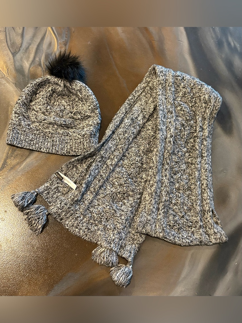 Talbots Knitted Marled Tassel Scarf & beanie Pom Hat Set